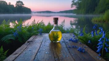 Bottle of Oil on Wooden Surface by Lakeside at Tranquil Dawn photo