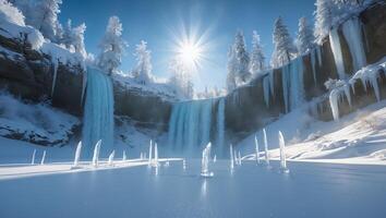 Scenic Frozen Waterfall Landscape in Winter Sunlight with Snow Covered Trees photo