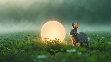 Rabbit Walking Through Grassy Field Near Glowing Orb in Fog photo