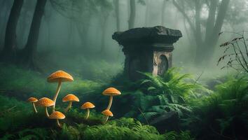 Mushroom Growing Near Stone Structure in Foggy Forest photo