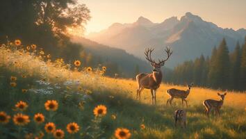 Deer Family Grazing in Meadow with Sunflowers and Mountain Views photo