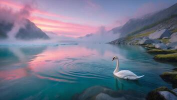 Swan Swimming in Calm Lake Reflecting Pink Sky and Mountains photo
