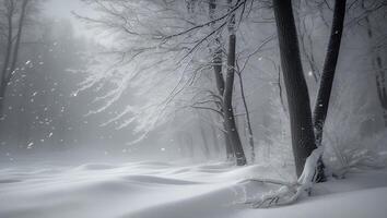 Snow Falling in Winter Forest with Trees and Overcast Sky photo