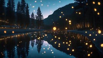 Lake Reflection at Night with Forest and Glowing Light Orbs photo
