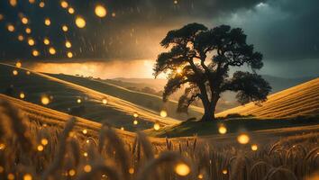 Tree Stands in Golden Wheat Field During Rain with Bokeh photo