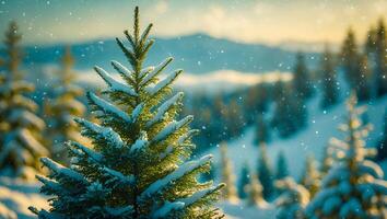 Snow Covered Evergreen Tree in Winter Landscape with Falling Snow photo