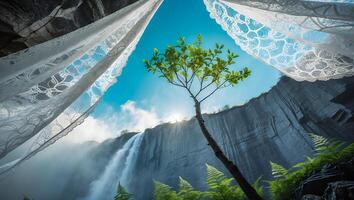 Waterfall and Tree Scene Framed by Lace Curtains Against Blue Sky photo