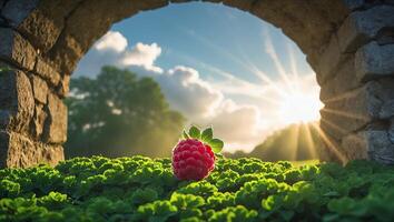 Ripe Raspberry on Lush Green Ground with Stone Arch and Sunlight photo