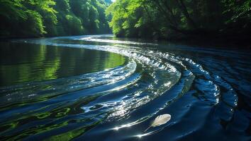 River Flowing Through Green Forest with Feather Floating on Water photo