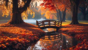 Wooden Bridge Over Stream with Autumn Foliage and Foggy Background photo