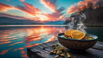 Bowl with Orange and Nuts at Lakeside Sunset with Reflections photo