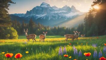 Deer Grazing in Mountain Meadow at Sunrise with Wildflowers photo