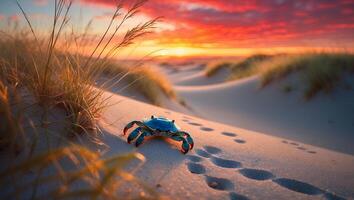 Crab Walking on Sandy Beach with Footprints at Sunset photo