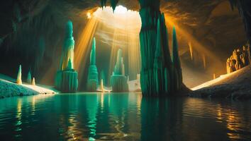 Exploring Stunning Cave Formations Reflected in Tranquil Water with Sun Rays photo