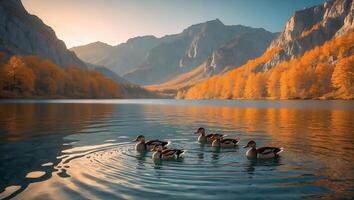 Ducks Swimming on Calm Lake Surrounded by Mountains and Autumn Trees photo
