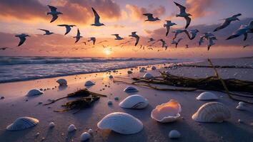 Seagulls Fly Over Shells on Beach at Sunset with Colorful Sky photo