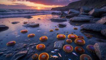 Ocean Anemones at Rocky Beach Shore During Sunset with Fish photo