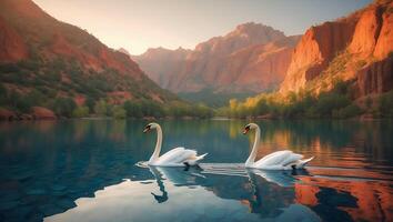 Swans Swim on Calm Lake Surrounded by Stunning Mountain Landscape photo