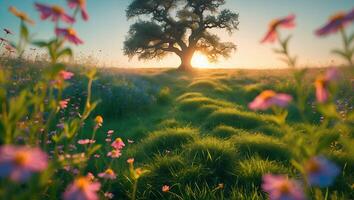 Large Tree Silhouette Against Sunset with Wildflowers in a Meadow photo