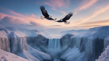 Eagles Soaring Over a Majestic Snowy Canyon with Waterfall Scenery photo