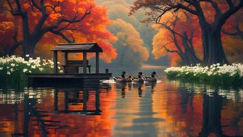Ducks Swimming on Calm Lake with Autumn Reflections and Dock photo
