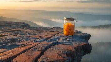 Canned Peaches on Cliff Edge Overlooking Mountain Landscape at Dawn photo