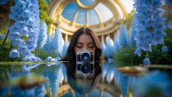 Woman Holding Camera with Reflection in Pond Surrounded by Flowers photo