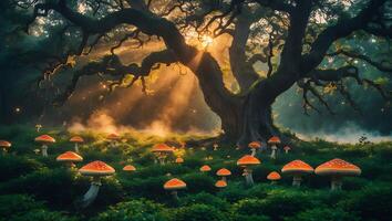 Orange Mushrooms Growing Under Old Tree with Sun Rays Shining Through photo