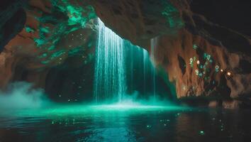 Waterfall Cascading Into Grotto Pool with Glowing Decoration and Light photo