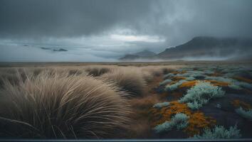 Grassy Field in Misty Landscape with Distant Mountains and Cloudy Sky photo