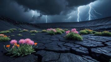 Flowers Growing in Cracked Earth with Dramatic Lightning Storm Backdrop photo