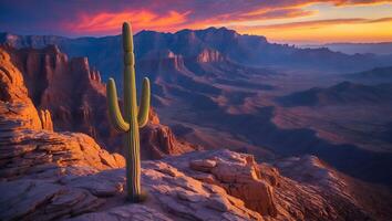 Standing Cactus and Desert Landscape at Dramatic Sunset Views photo