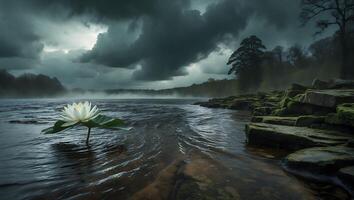 Floating Water Lily in River with Mossy Rocks and Overcast Sky photo