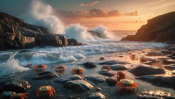 Crabs Gathering on Rocky Beach As Waves Crash at Sunset photo