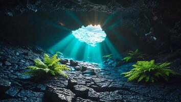 Sunlight Streaming Into Dark Cave with Ferns Growing on Rocks photo