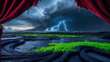 Opening Curtains to Dramatic Volcanic Landscape with Lightning and Moss photo