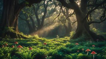 Exploring Forest with Ferns and Mushrooms Under Sunlight photo