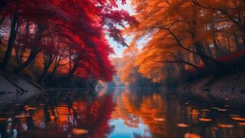 River Flowing Through Autumn Forest with Red and Orange Leaves photo