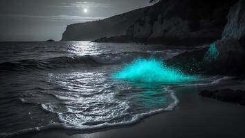 Glowing Wave Crashing on Dark Sand Beach Under Moonlight Sky photo