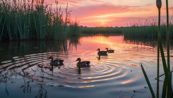 Ducks Swimming on Calm Water at Sunset with Reed Reflections photo