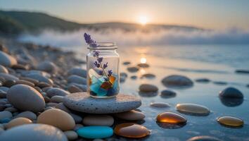 Glass Jar with Sea Glass and Lavender on Rocky Beach at Sunset photo