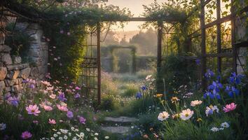 Entering a Lush Garden with Flowering Plants at Morning Light photo