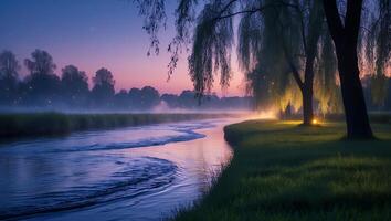 Flowing River at Dusk with Willow Trees and Soft Glow photo