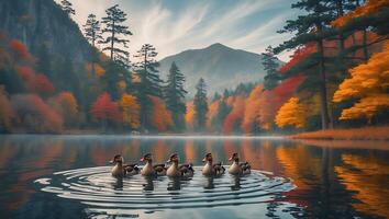 Ducks Swimming in Calm Lake Surrounded by Colorful Autumn Forest photo