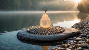 Pear Shape Lamp on Rock by Lake with Bead Circle Decoration photo