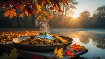 Serving Delicious Food in Autumnal Nature with Foggy Lake View photo