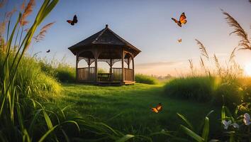 Gazebo Surrounded by Greenery and Butterflies at Early Morning Sunlight photo