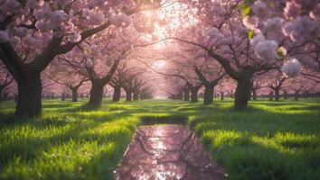 Walking Through Pink Blossoms in a Spring Orchard with Water Reflection photo