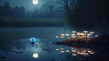 Glowing Mushrooms and Lotus Flower Reflecting in a Tranquil Pond at Night photo