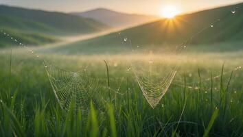 Dew Covered Cobweb on Meadow at Sunrise with Rolling Hills photo